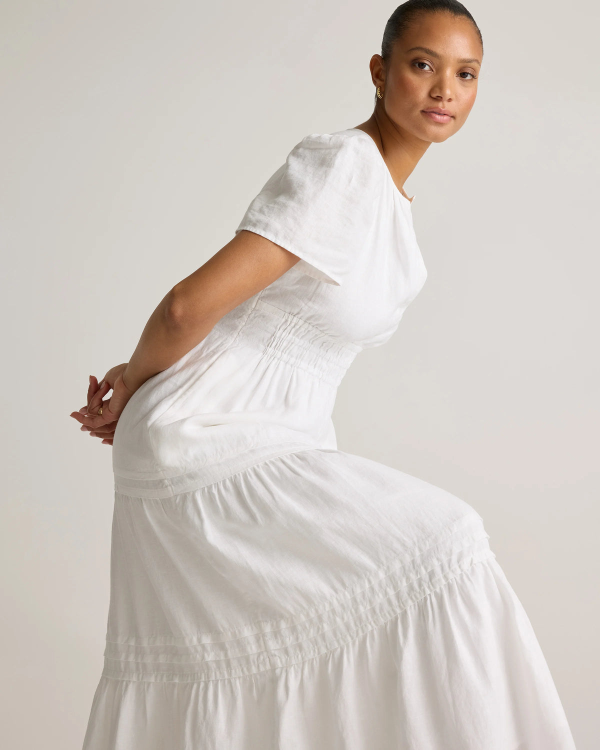 100% European Linen Tiered Maxi Dress - XS / Ivory Porcelain Blue Petite Floral