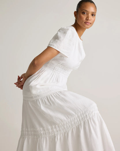 100% European Linen Tiered Maxi Dress - XS / Ivory Porcelain Blue Petite Floral