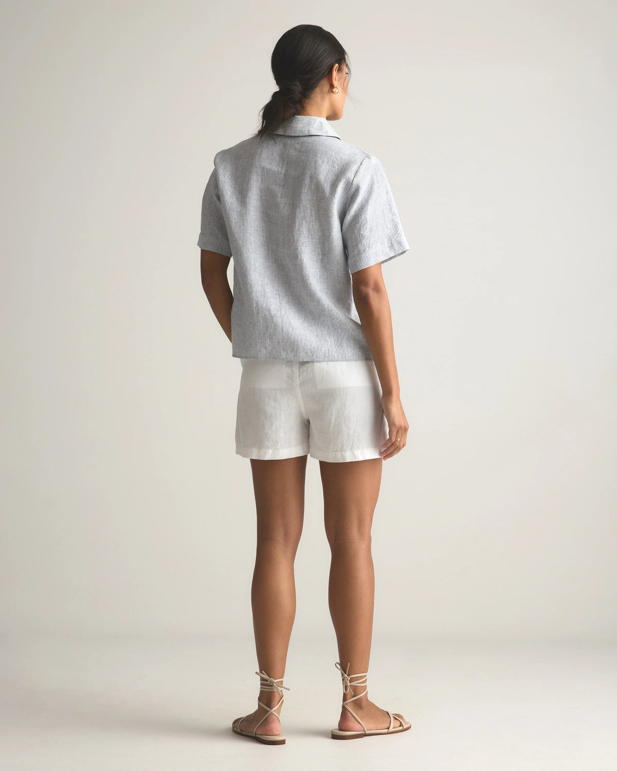 100% European Linen Short Sleeve Popover Top - XS / Blue Pinstripe
