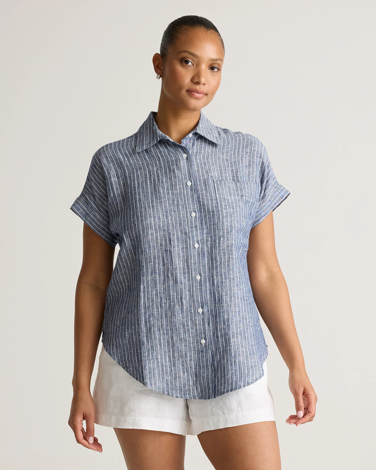 100% European Linen Camp Shirt - XS / Sky Blue Mariner Stripe