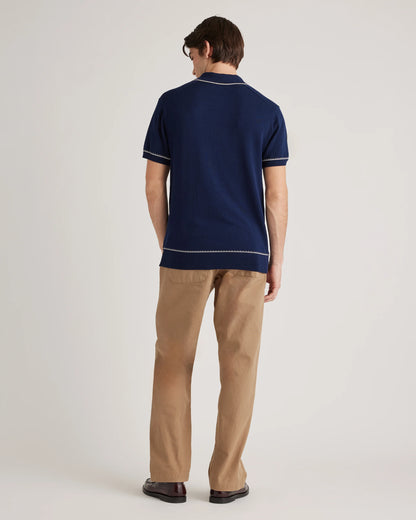 Organic Cotton-Silk Tipped Polo Sweater - S / Navy/Ivory