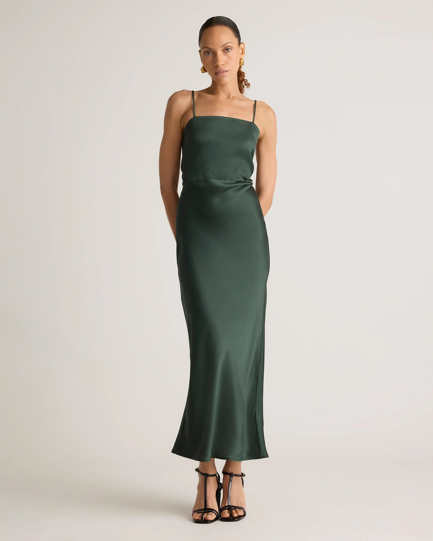 100% Washable Silk Square Neck Maxi Dress - XS / Forest Green
