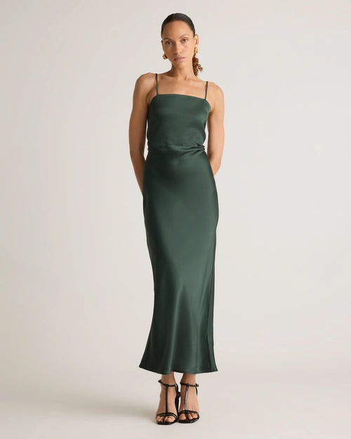 100% Washable Silk Square Neck Maxi Dress - XS / Forest Green
