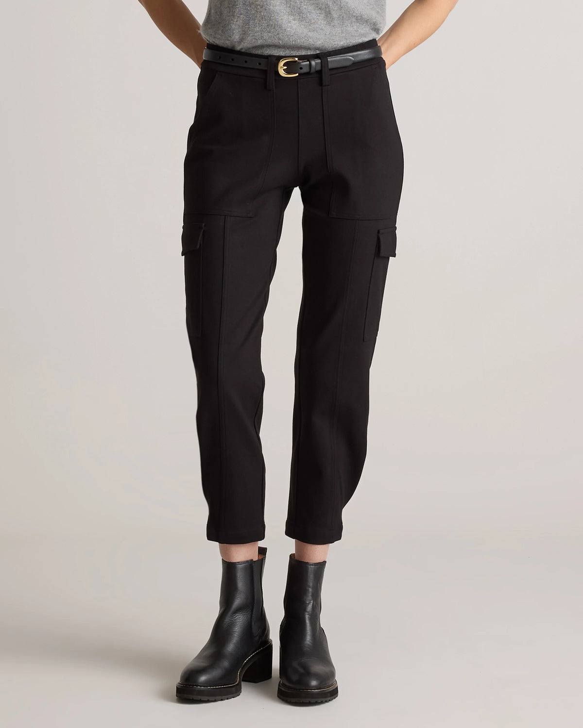 Ultra-Stretch Ponte Tapered Cargo Pants - XS / Black