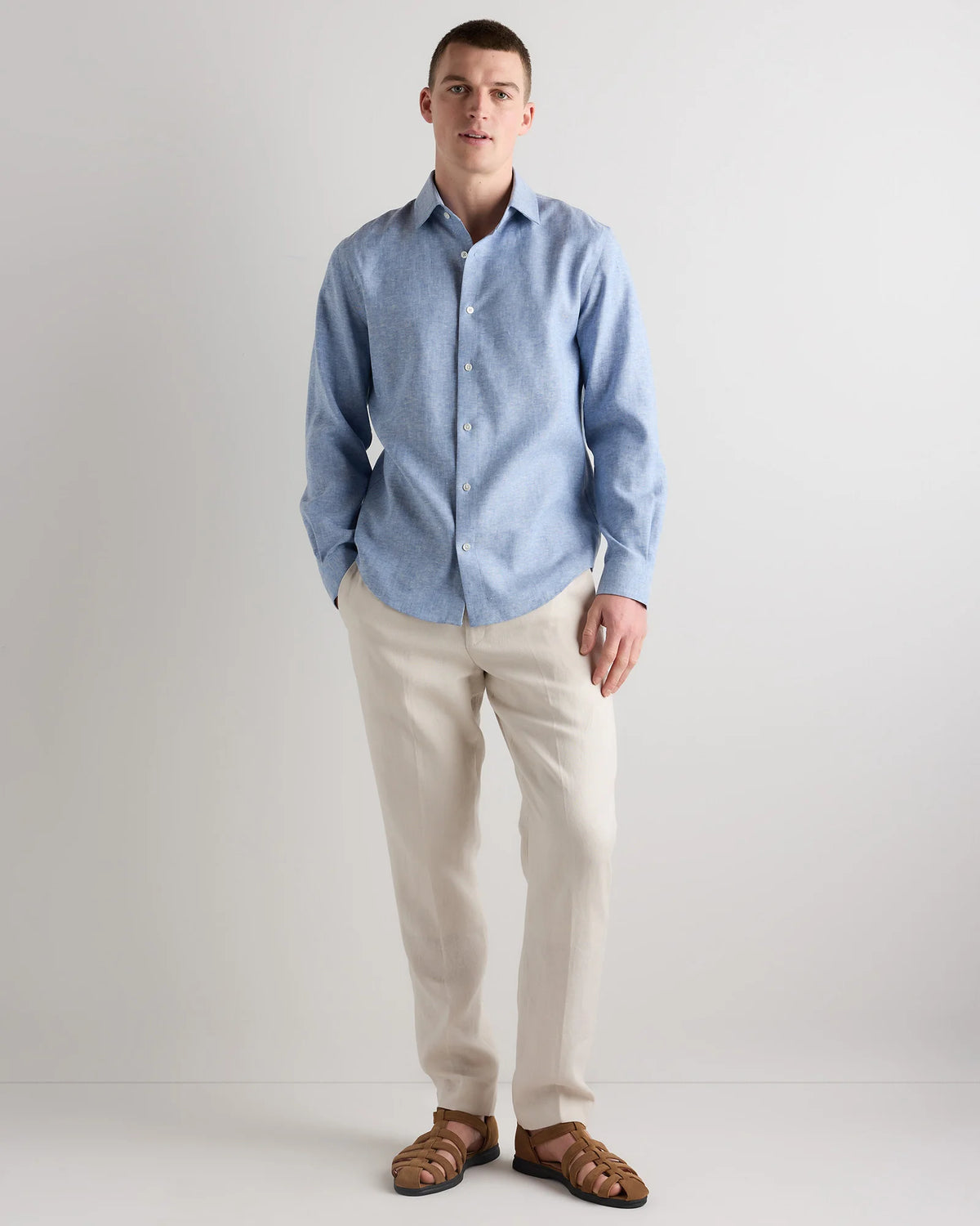 100% European Linen Wrinkle-Resistant Dress Shirt - S / Chambray Blue