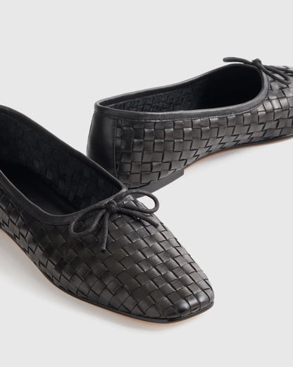 Italian Leather Handwoven Square Toe Ballet Flat - 5 / Cognac