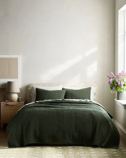 European Linen Cotton Stitch Quilt Set - Twin / Stone