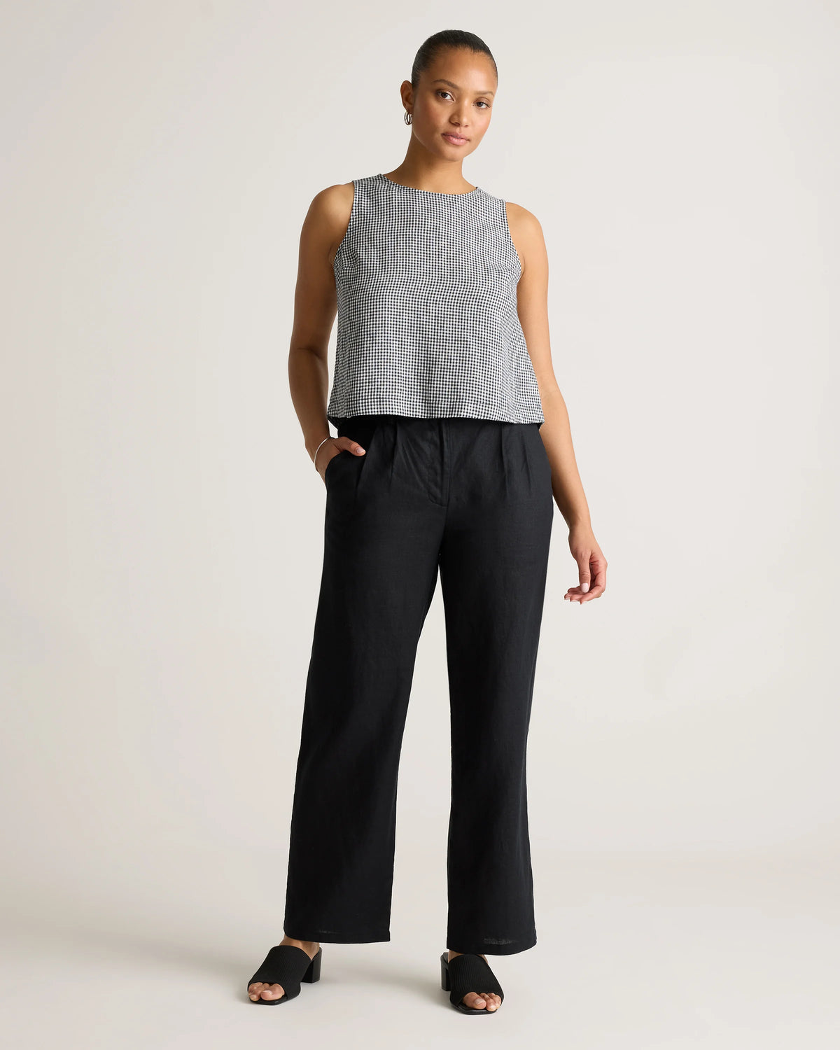 100% European Linen Cropped Tank - XS / Taupe Brown Gingham