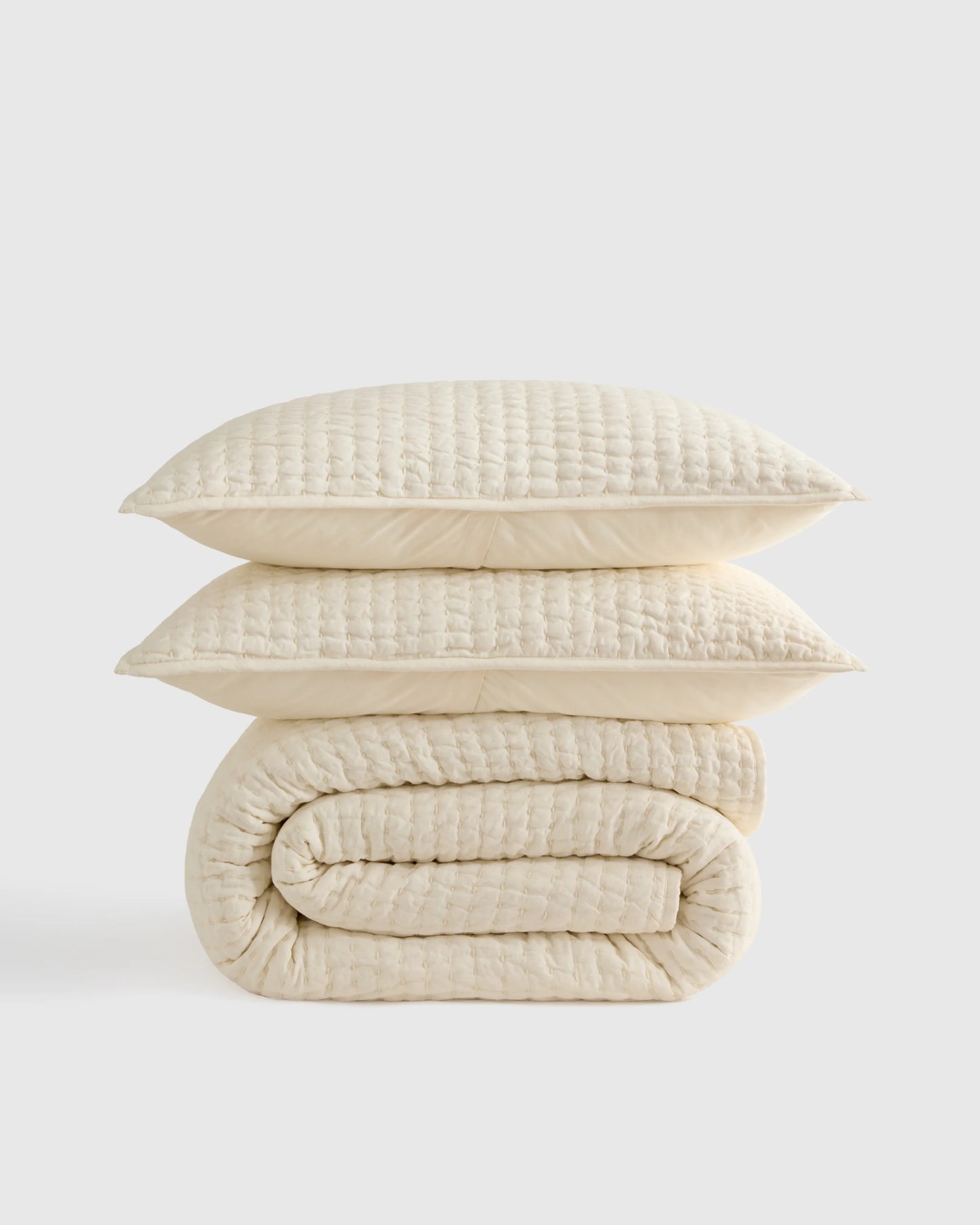 European Linen Cotton Stitch Quilt Set - Twin / Stone