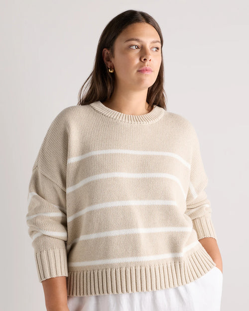 100% Organic Cotton Striped Crew Sweater - 1X / Speckled Beige/Ivory
