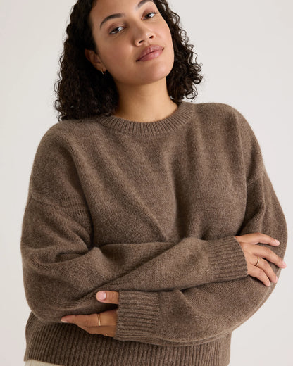 100% Yak Wool Pointelle Detail Relaxed Crew - XS / Heather Brown