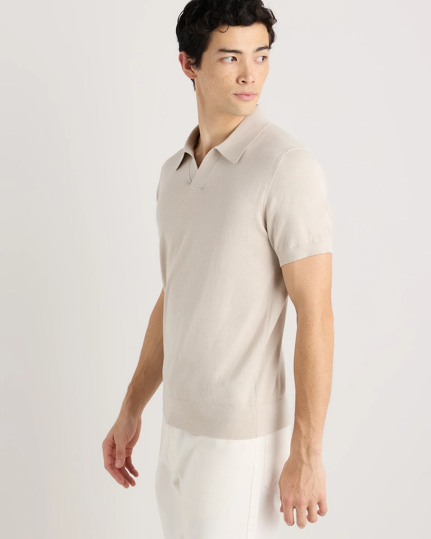 Cotton-Silk Johnny Collar Polo - S / Speckled Beige