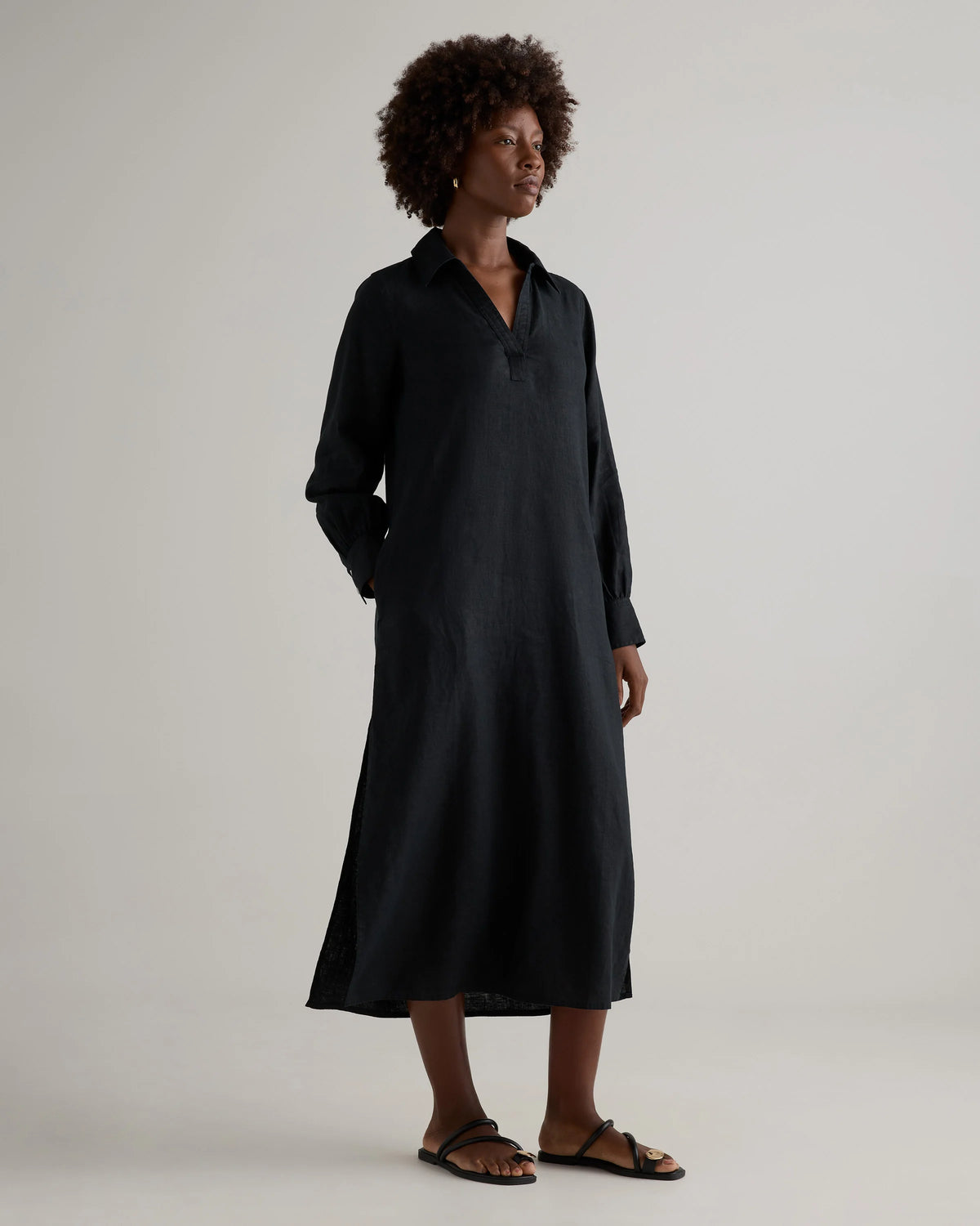 100% European Linen Popover Maxi Dress - XS / Blue Pinstripe