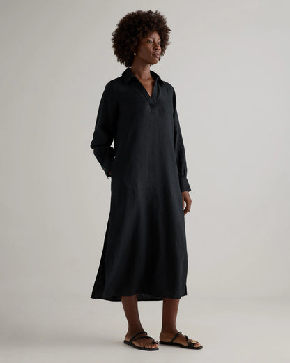 100% European Linen Popover Maxi Dress - XS / Blue Pinstripe