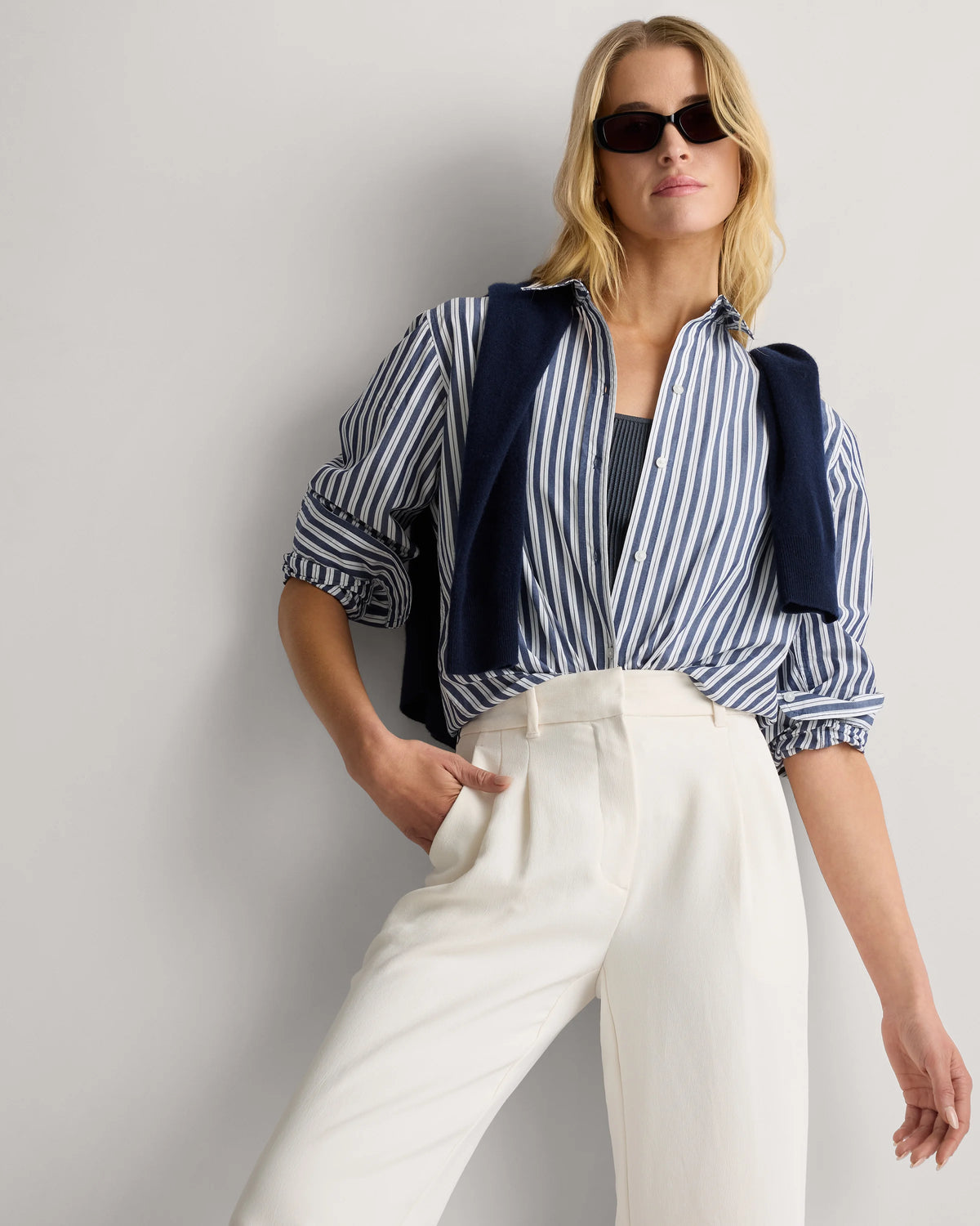 100% Organic Cotton Poplin Long Sleeve Shirt - XS / Delta Blue Double Stripe