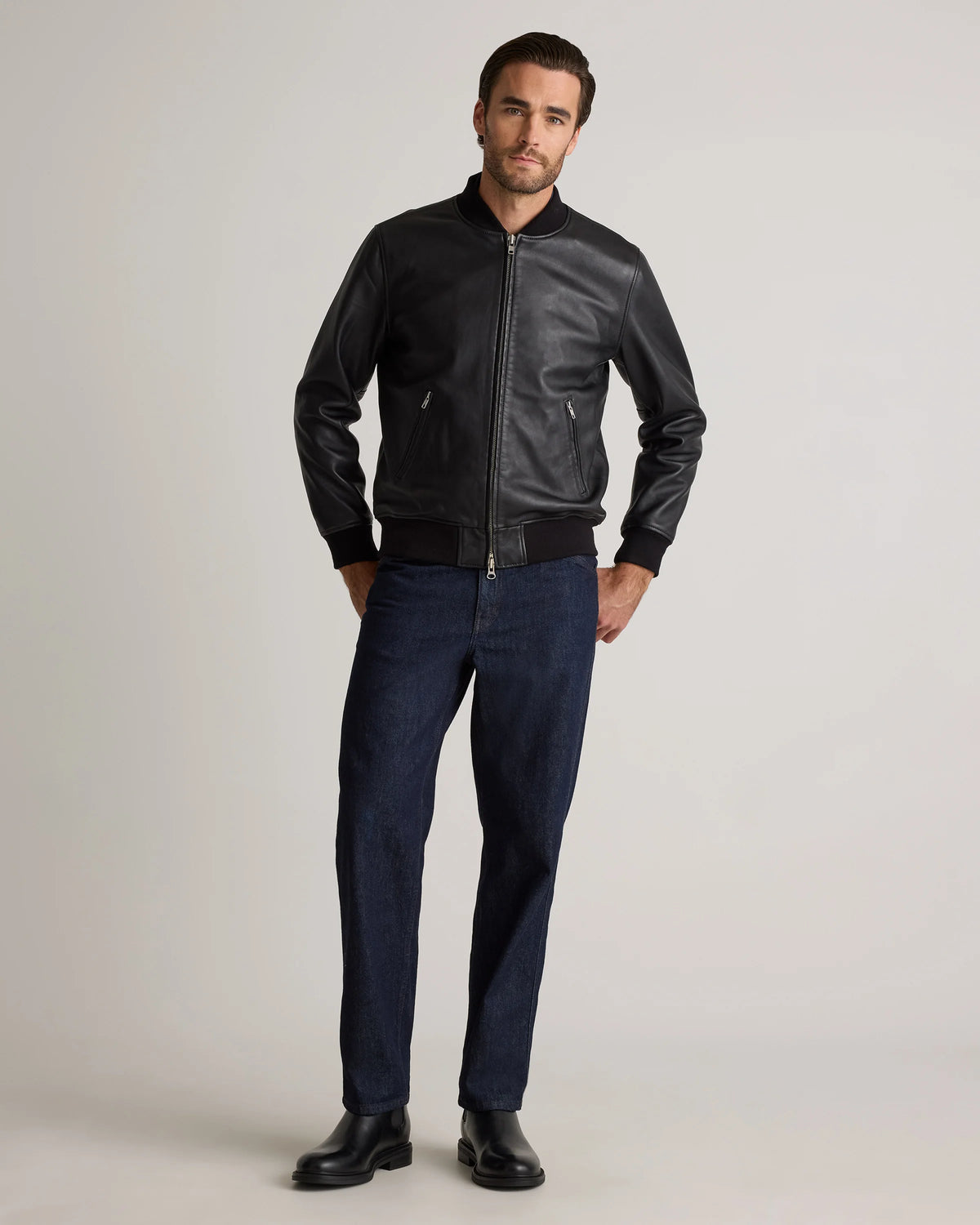 100% Washed Leather Bomber Jacket - S / Black