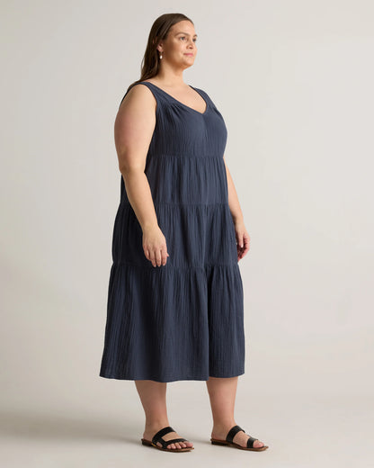 100% Organic Cotton Gauze Tiered Maxi Dress - 1X / Orchid Blue