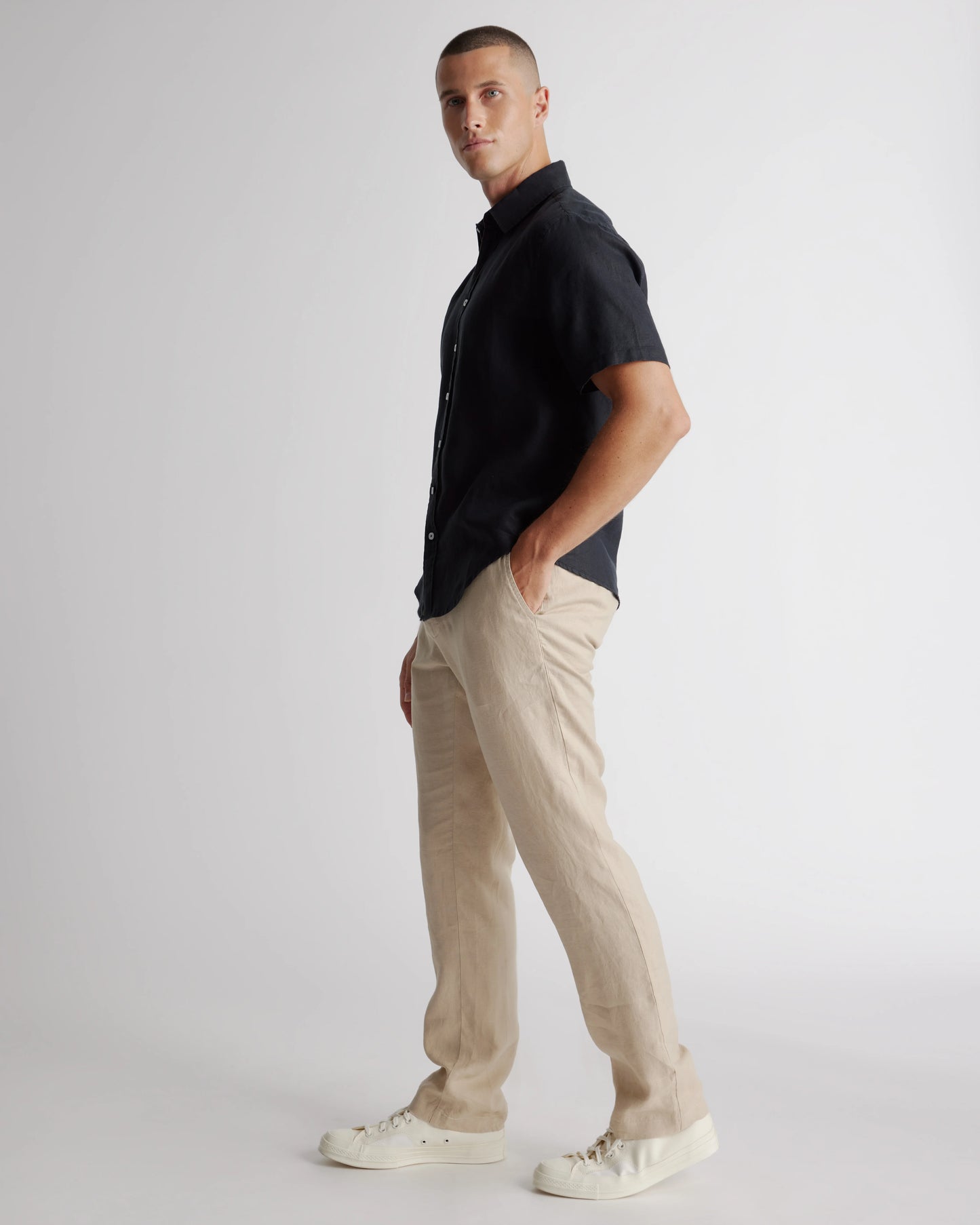 100% European Linen Relaxed Short Sleeve Shirt - XS / Taupe Brown Chambray