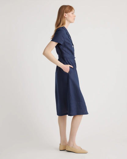 100% European Linen Button Front Dress - XS / Sky Blue Mariner Stripe