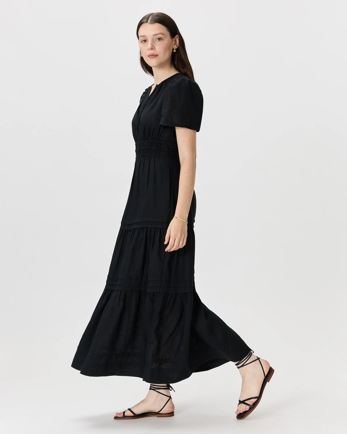 100% European Linen Tiered Maxi Dress - XS / Ivory Porcelain Blue Petite Floral