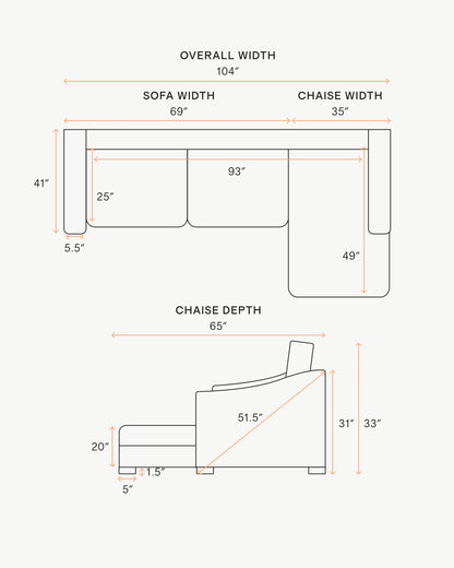 Hollis Slope Arm Chaise Sectional in Performance Chenille Linen Blend - 104" Right Arm / Snow