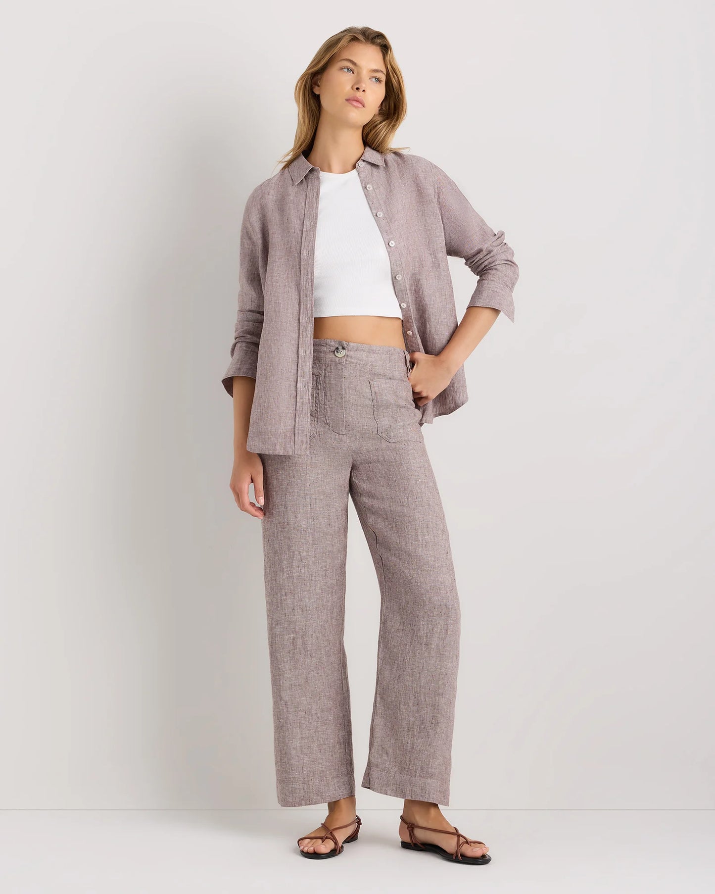 100% European Linen Patch Pocket Wide Leg Pants - 0 / Taupe Brown Chambray