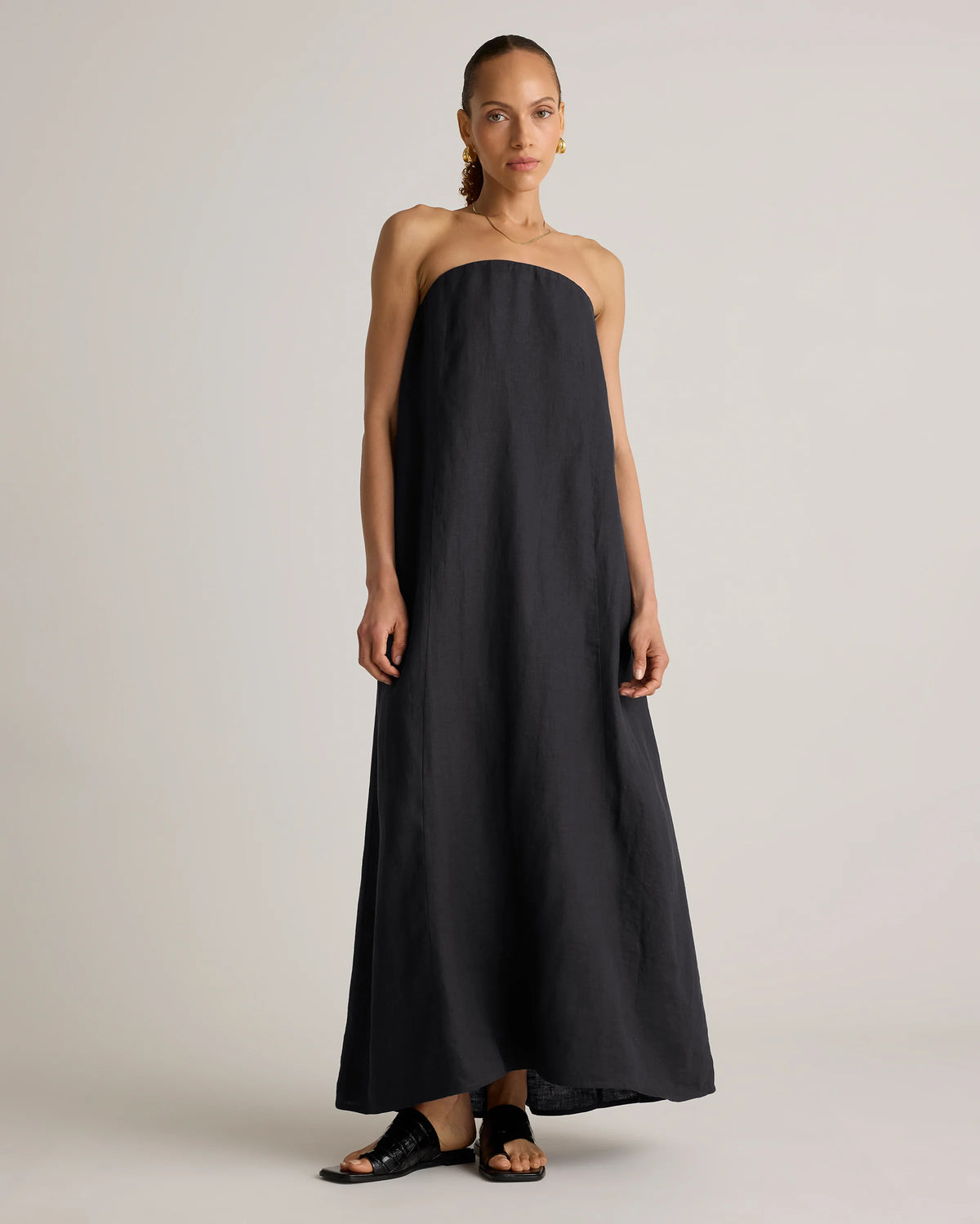 100% European Linen Strapless Maxi Dress - XS / Brick Red Heirloom Floral
