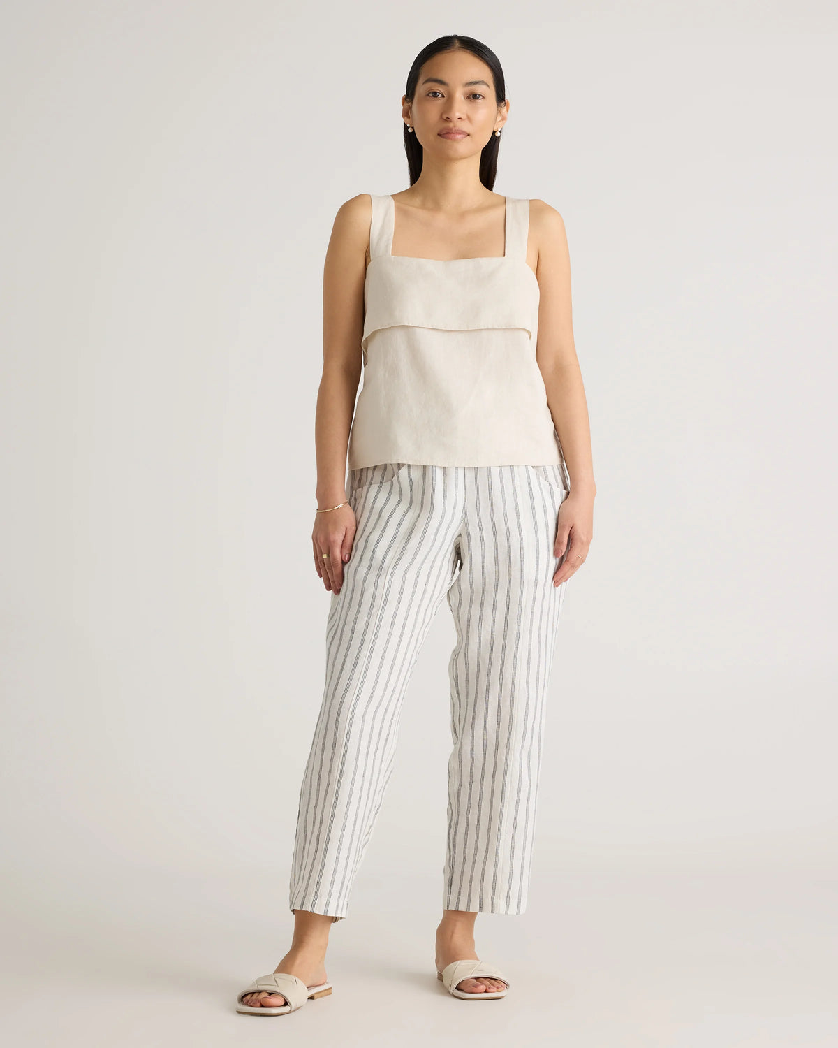 100% European Linen Tapered Ankle Pants - XS / Blue Pinstripe