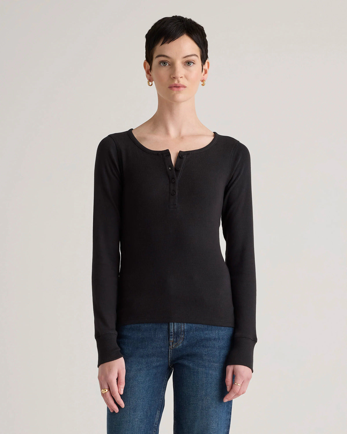 Organic Cotton Micro-Rib Henley Long Sleeve Tee - XS / Heather Oatmeal
