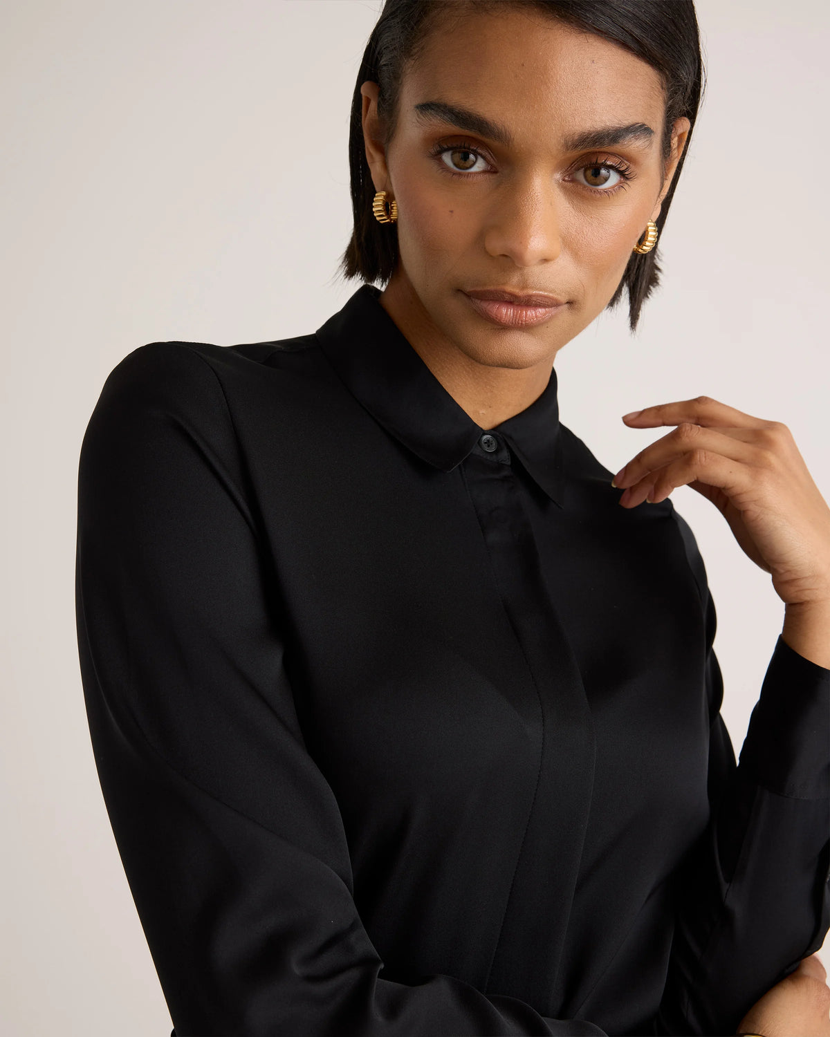 Washable Stretch Silk Shirt Dress - XS / Black