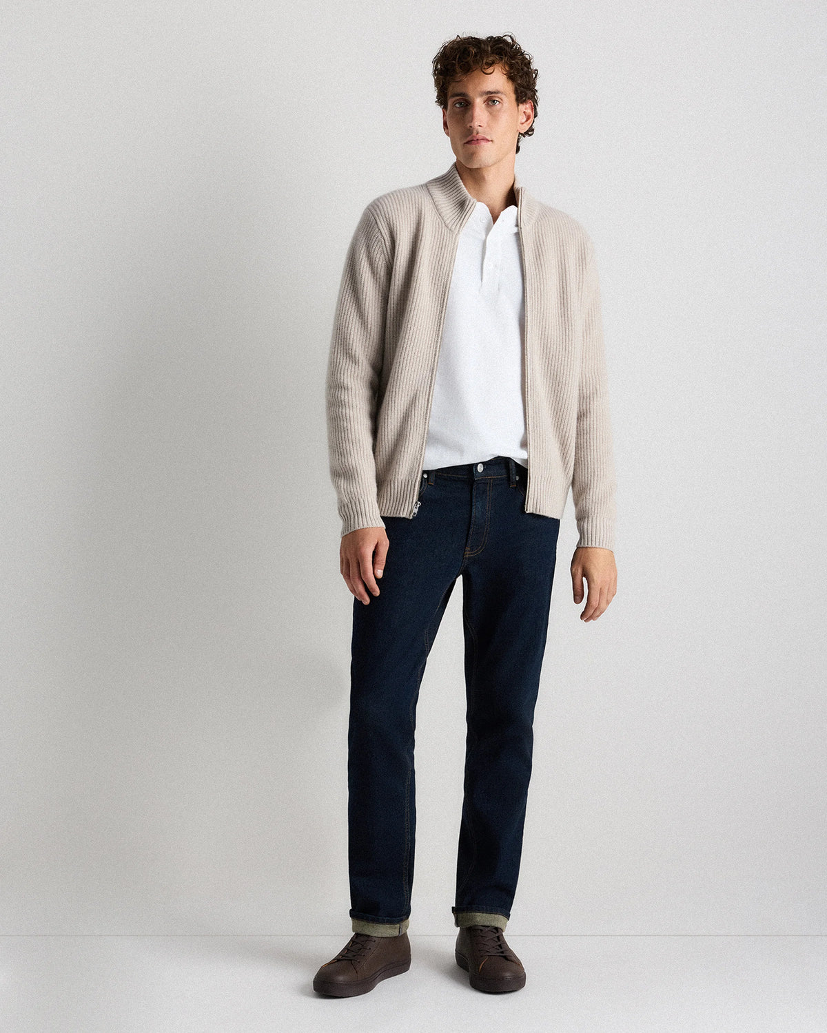 Mongolian Cashmere Fisherman Full Zip Sweater - S / Teak