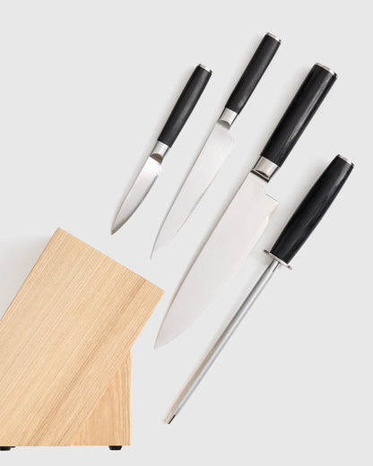 Essential Japanese Damascus Steel Knife Set + Block - One Size / No Color
