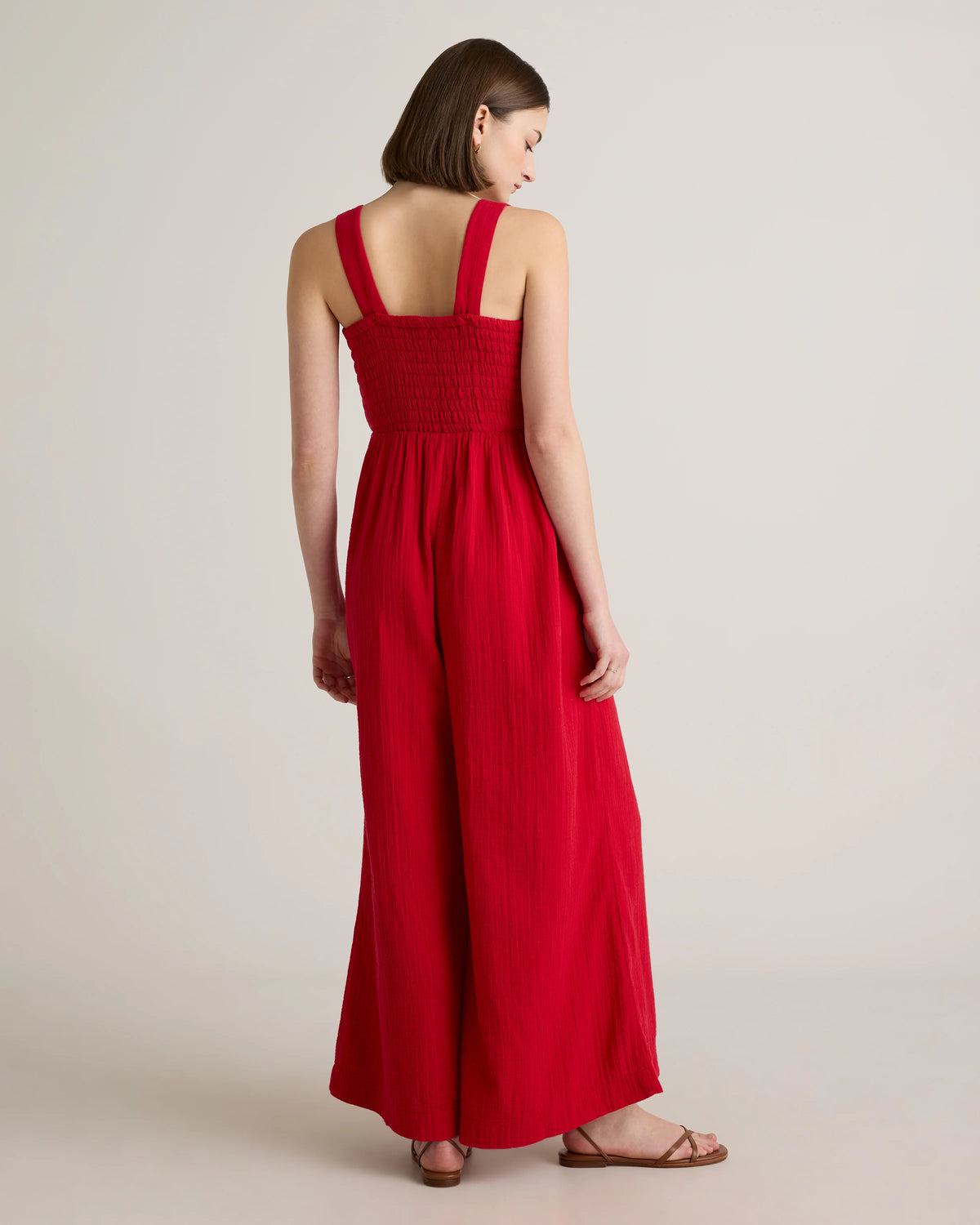 100% Organic Cotton Gauze Smocked Wide Leg Jumpsuit - XS / Wild Cherry