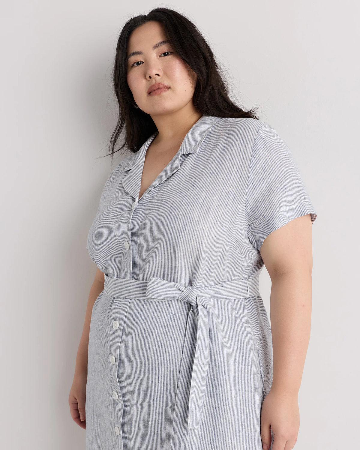 100% European Linen Button Front Dress - 1X / Blue Pinstripe