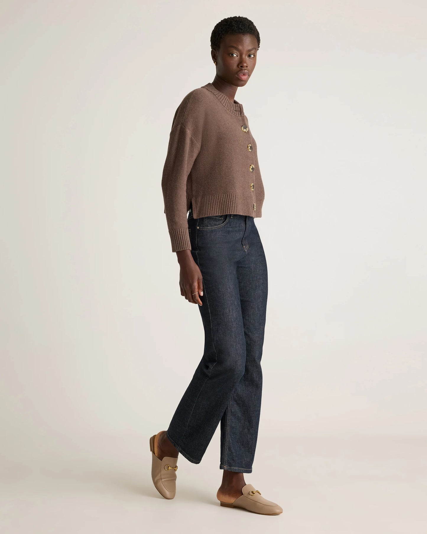 100% Organic Cotton Cropped Cardigan - XS / Heather Brown
