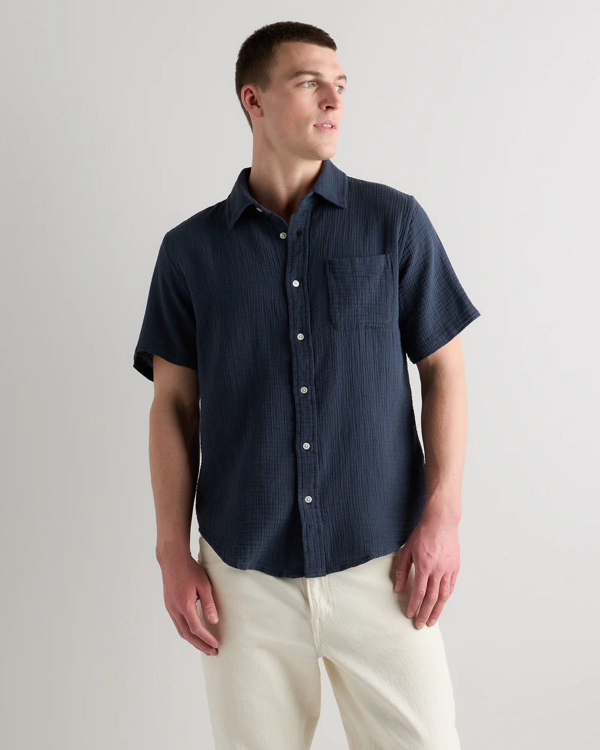 100% Organic Cotton Gauze Short Sleeve Shirt - S / Indigo Blue