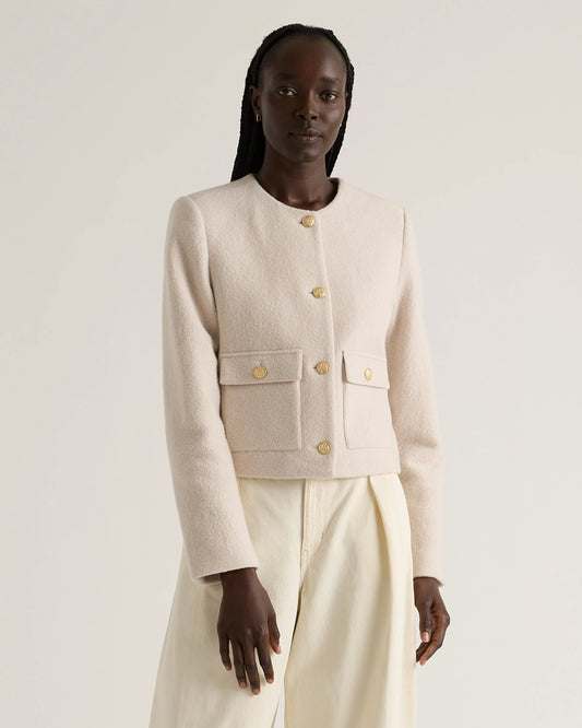 100% Merino Wool Collarless Cropped Jacket - XS / Heather Bone