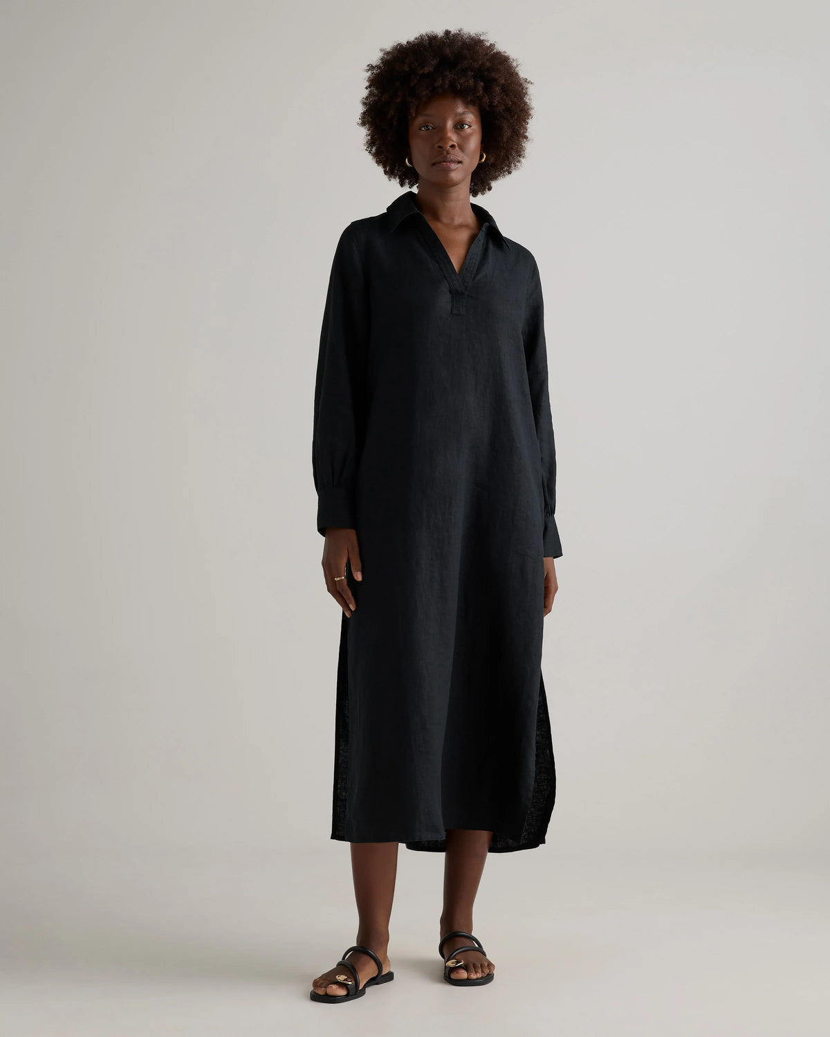 100% European Linen Popover Maxi Dress - XS / Blue Pinstripe