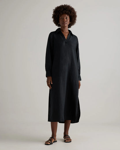 100% European Linen Popover Maxi Dress - XS / Blue Pinstripe