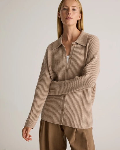 Mongolian Cashmere Wide-Rib Oversized Collared Cardigan - XS / Oatmeal
