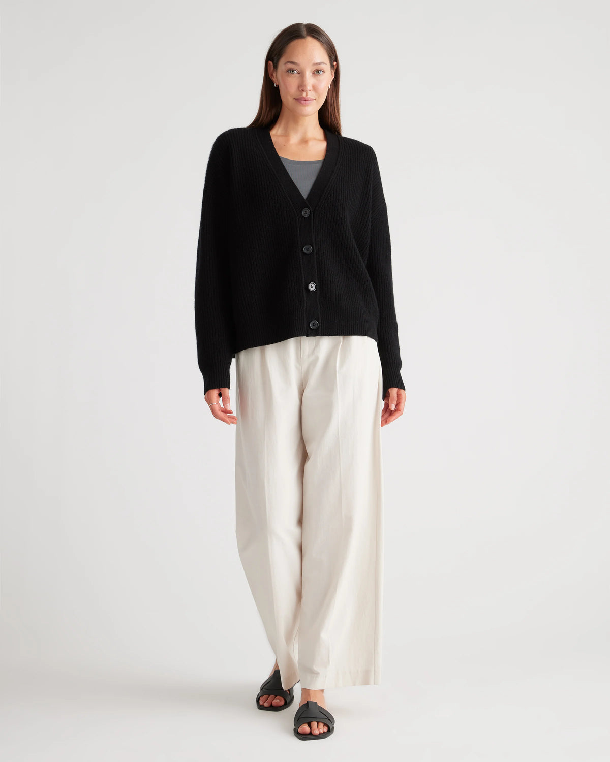 Mongolian Spring Cashmere Fisherman Boxy Cropped Cardigan Sweater - XS / Heather Grey