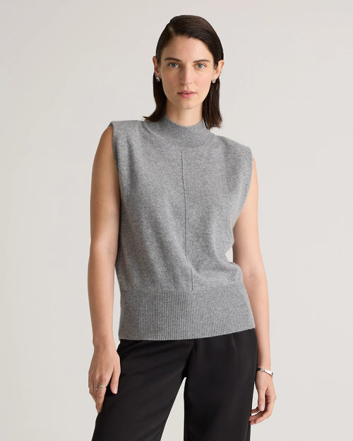 Mongolian Cashmere Padded-Shoulder Sweater Tank - XS / Heather Grey