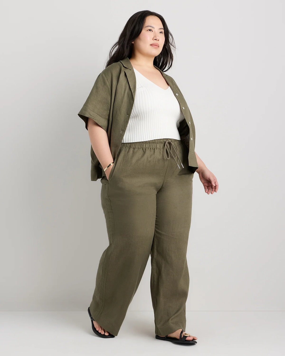 100% European Linen Wide Leg Pants - 1X / Bayberry Olive