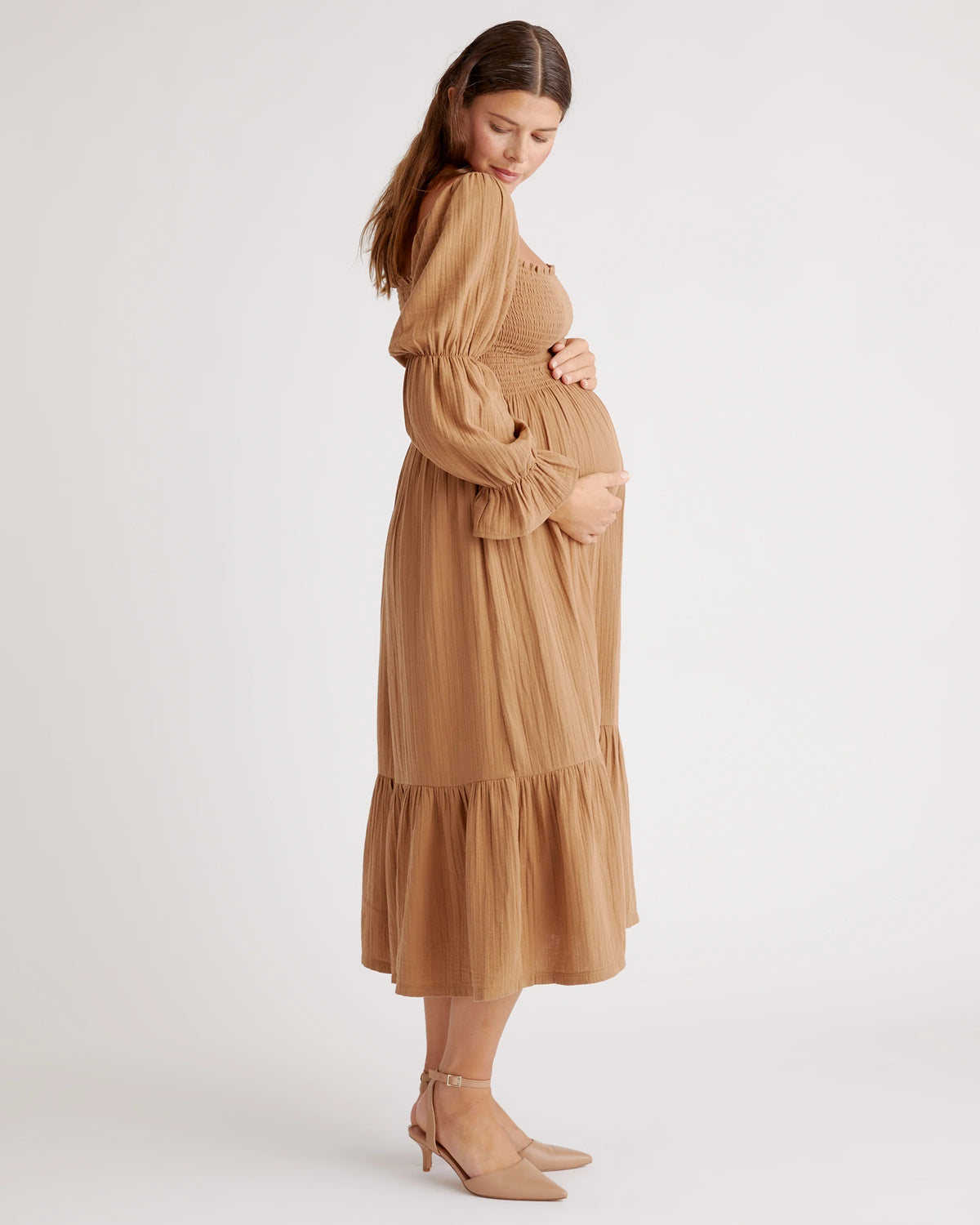 100% Organic Cotton Gauze Maternity Smocked Midi Dress - XS / Wild Cherry