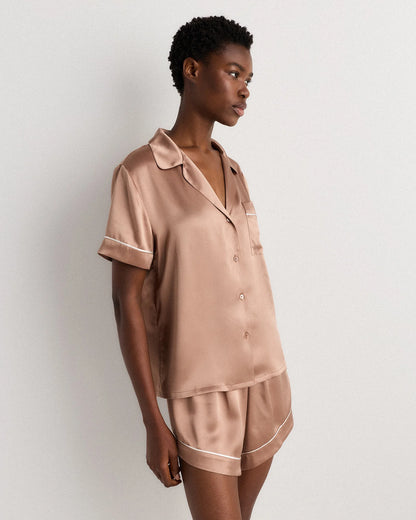 100% Washable Silk Satin Short Sleeve Pajama Top - XS / Tiny Diamonds