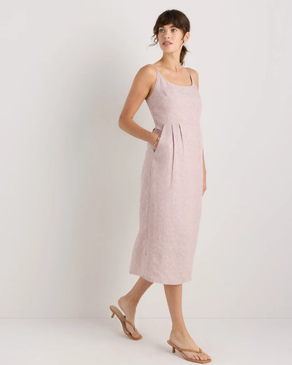 100% European Linen Scoop Neck Midi Dress - XS / Ivory Porcelain Blue Petite Floral