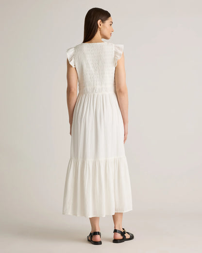Organic Textured Cotton Smocked V-Neck Midi Dress - XS / Pale Custard Yellow