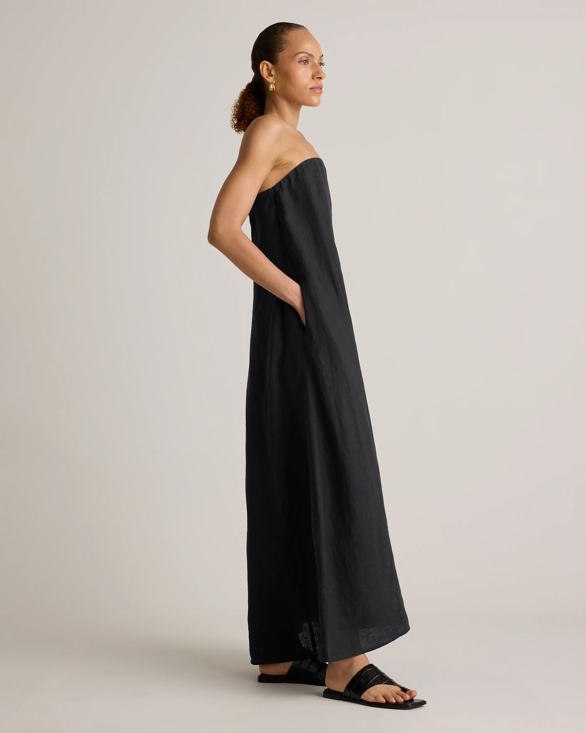 100% European Linen Strapless Maxi Dress - XS / Brick Red Heirloom Floral