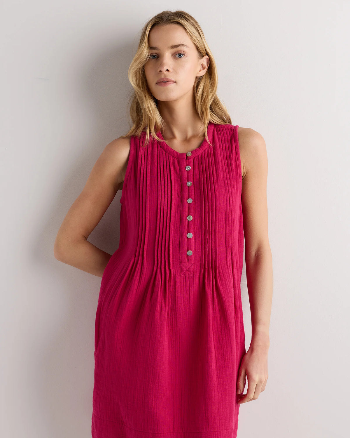 100% Organic Cotton Gauze Sleeveless Swing Dress - XS / Amaranth Pink