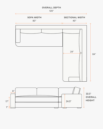 Sierra Curved Arm L Sectional in Leather - Right Arm / Auburn